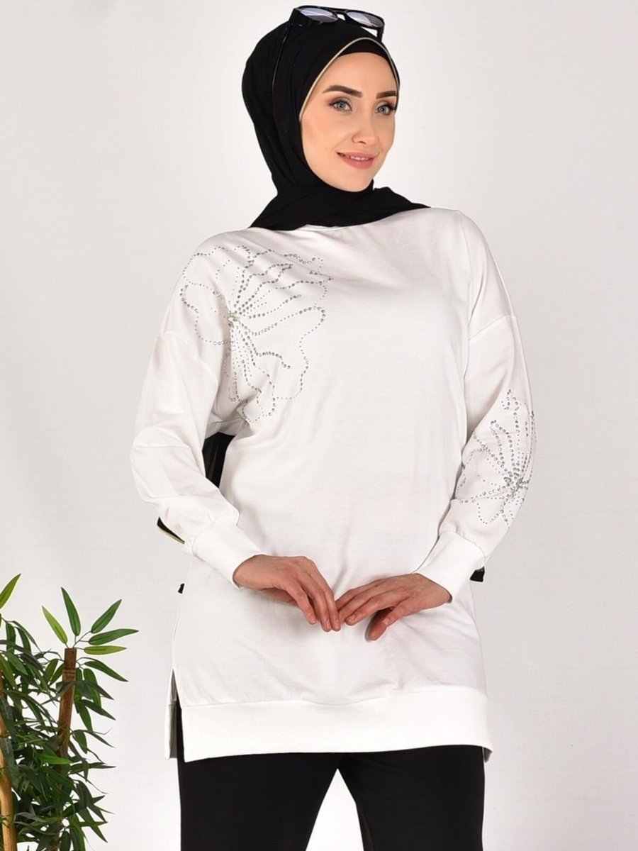 Puane Ekru İki İplik Kumaş Taş Desenli Sweatshirt