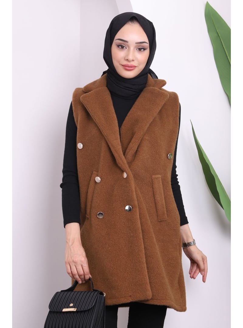 İmaj Butik Kahverengi Kruvaze Yaka Düğmeli Angora Yelek
