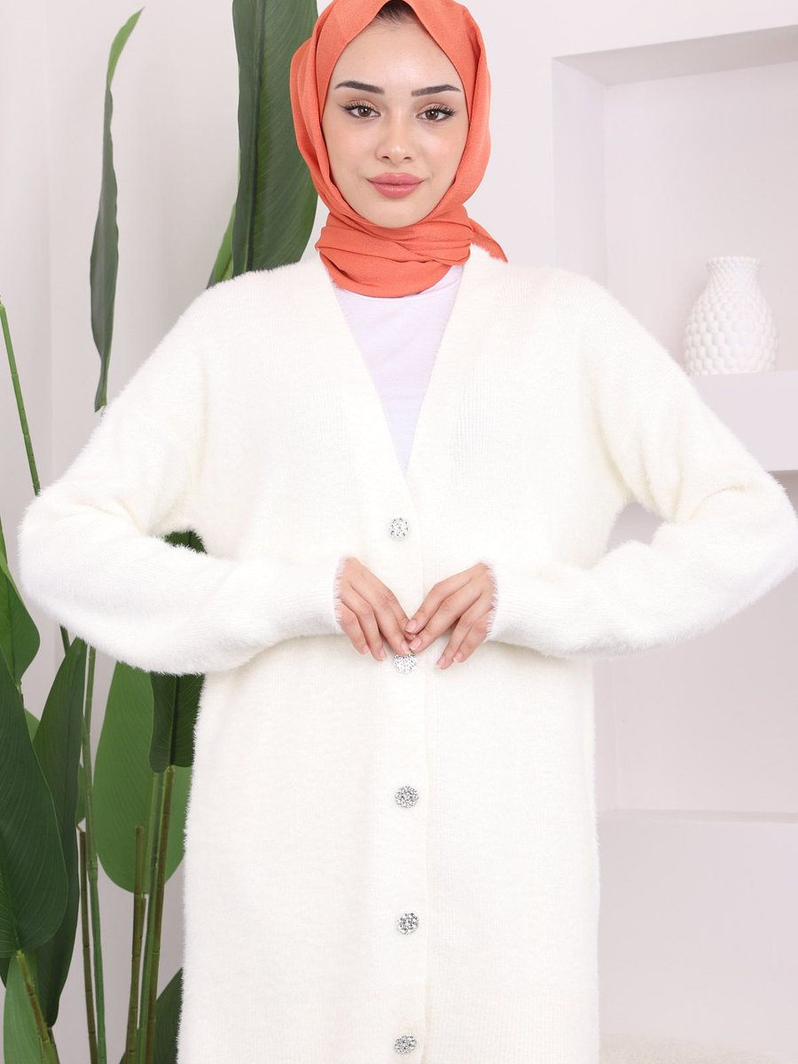 İmajbutik Ekru Düğmeli Uzun Peluş Triko Hırka