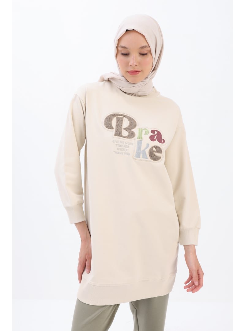 Allday Ekru Aplike Nakışlı Sweat Tunik