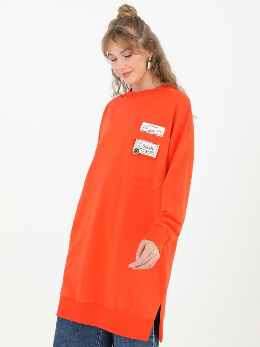 Puane Turuncu İki İplik Kumaş Cep Ve Yazı Detaylı Sweatshirt