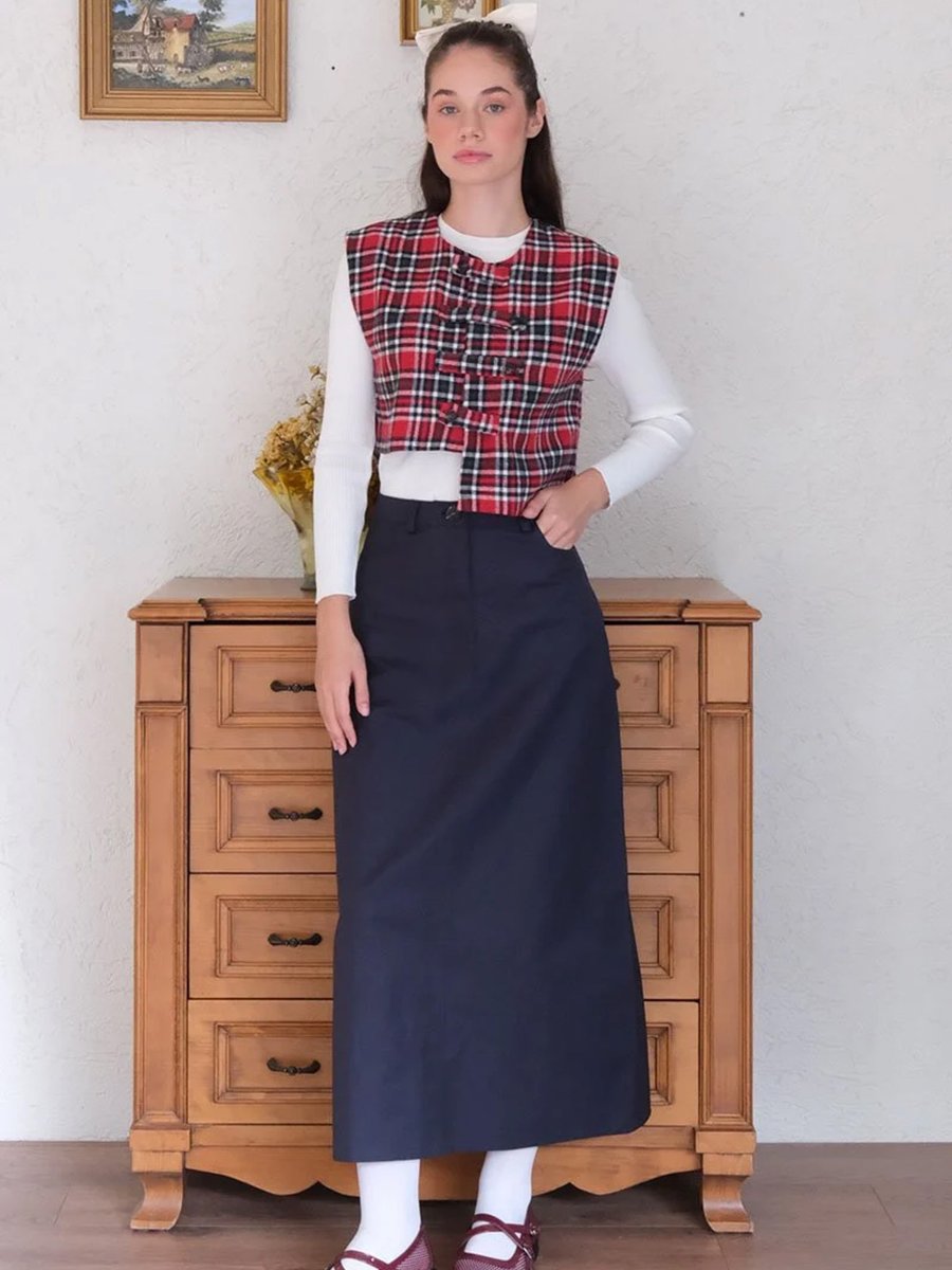 Ceylan Otantik Kırmızı Ekose Çapraz Düğmeli Vintage Yelek