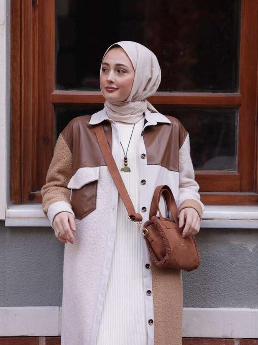 Esra Keküllüoğlu Patchwork Kahve Derili Gömlek Bej