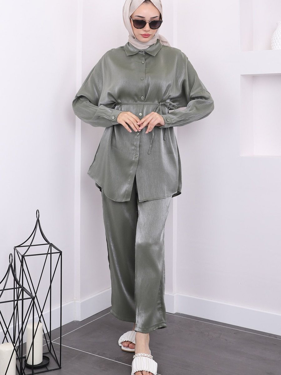 İmajbutik Haki Bel Kuşaklı Tunik Pantolon Takım