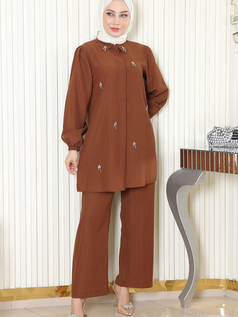Modamihram Kahverengi Taş Detaylı Takım Modamihram Kahverengi Taş Detaylı Takım