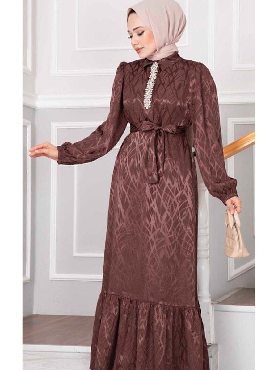 Elegantstil Taşlı Jakar Tesettür Abiye Elbise