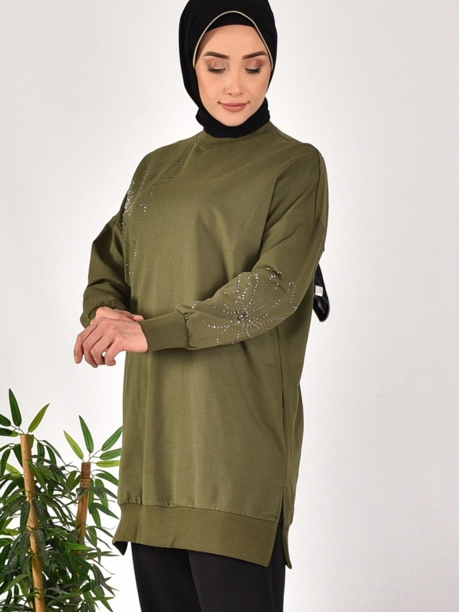 Puane Haki İki İplik Kumaş Taş Desenli Sweatshirt
