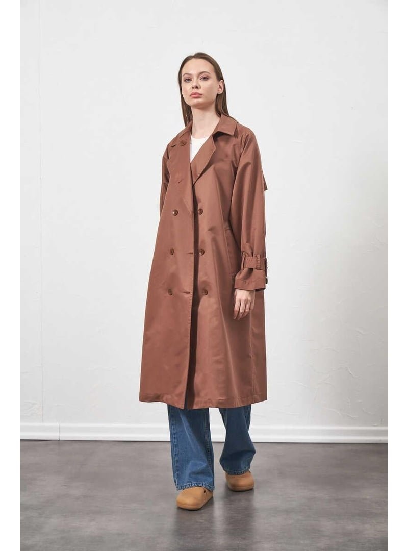 Mevra Tokalı Oversize Trençkot Kahve