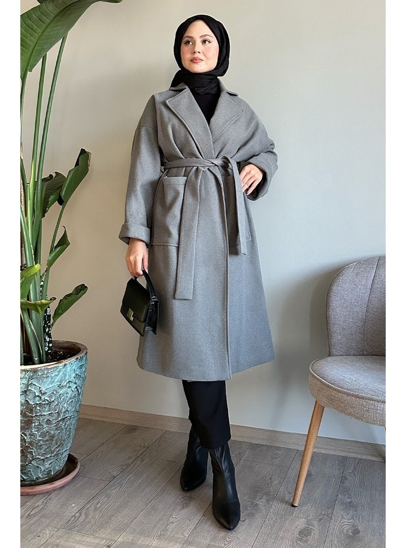 InStyle Kruvaze Geniş Kol Gri Kaşe Kaban