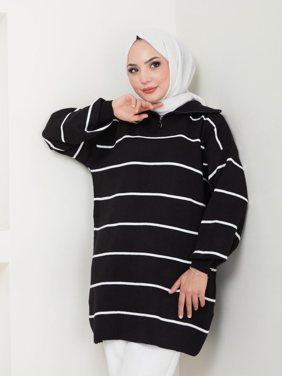 VOLT CLOTHİNG Siyah Çizgili Fermuarlı Triko Tunik