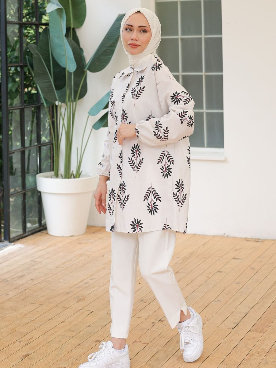 Velizade Konfor Modeli Bej Çiçekli Polo Yaka Pamuklu Lüks Abiye Keten Tunik Gömlek