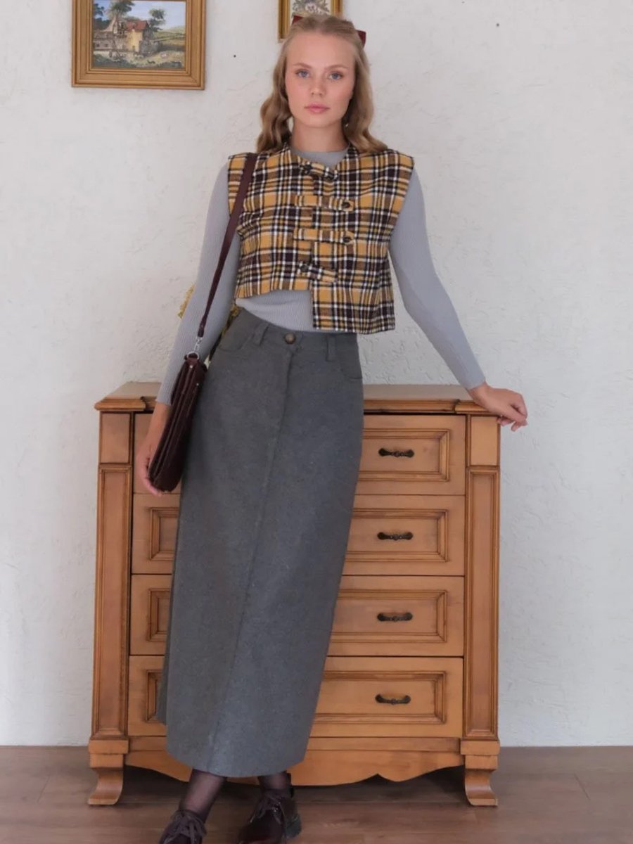 Ceylan Otantik Hardal Ekose Çapraz Düğmeli Vintage Yelek