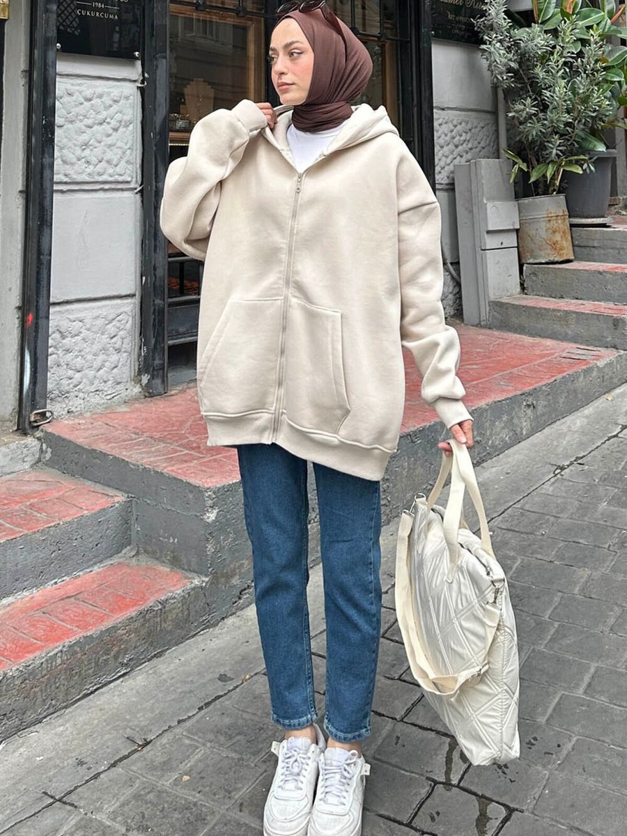 Lamelif Önü Fermuarlı Kapüşonlu İplik Sweatshirt Hırka