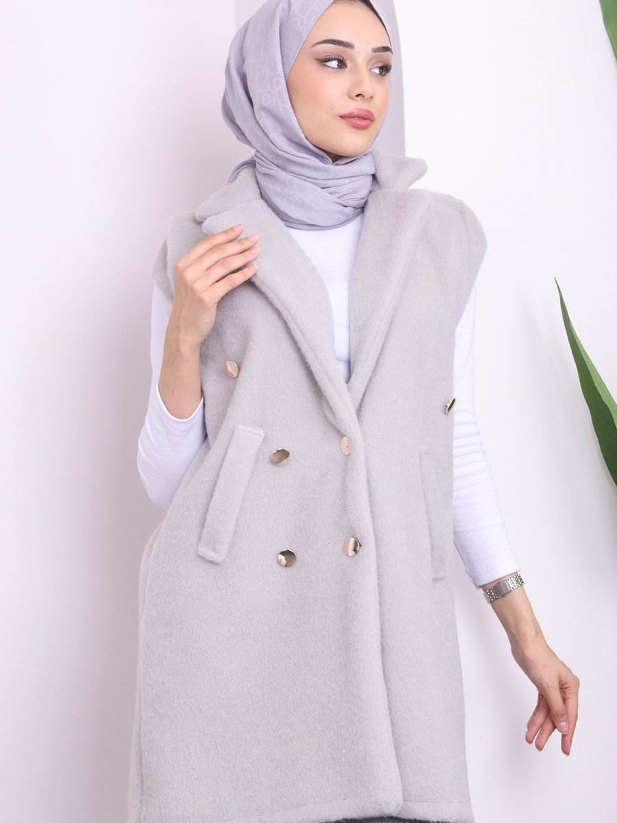 İmajbutik Gri Kruvaze Yaka Düğmeli Angora Yelek