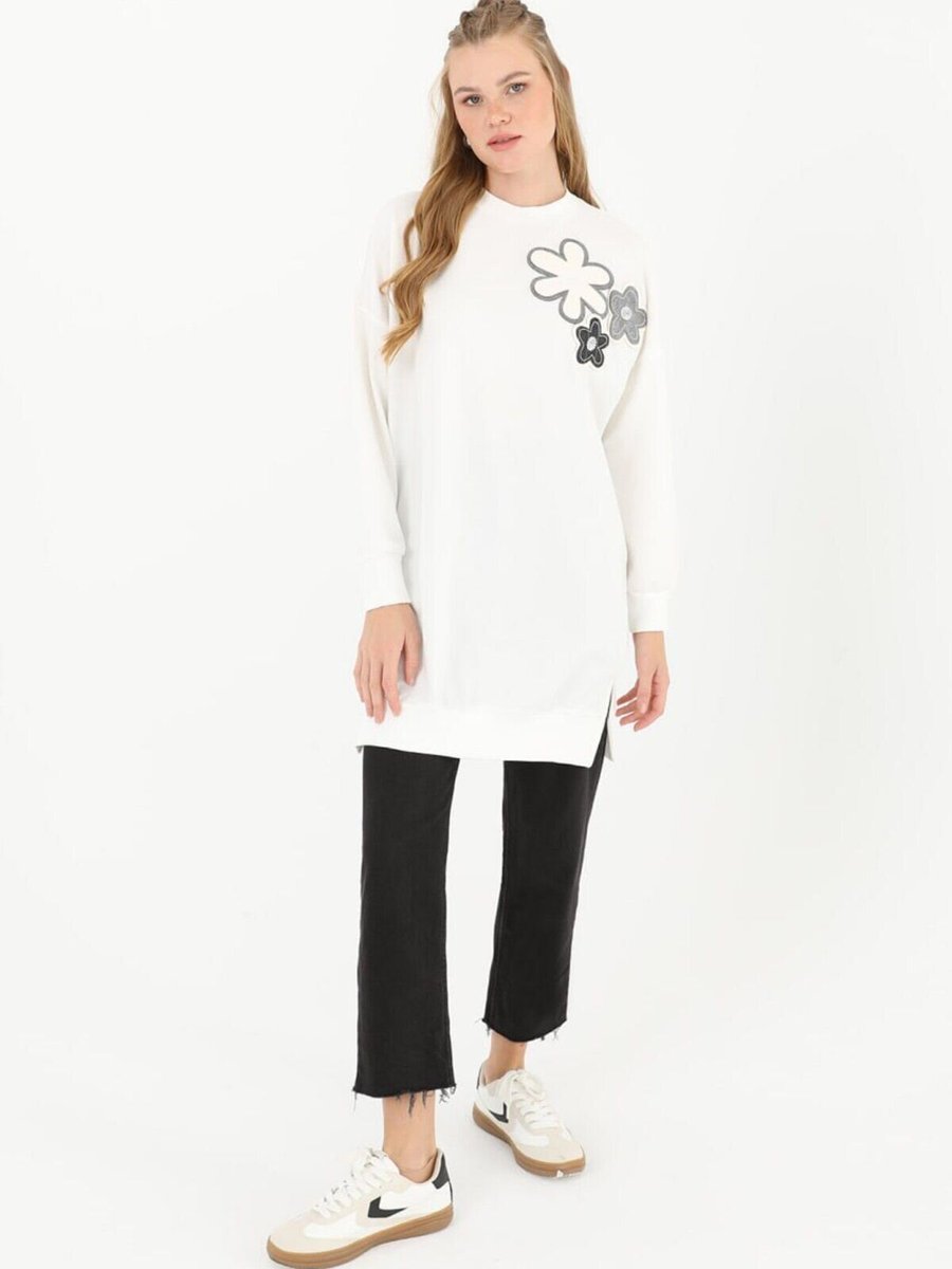 Puane Ekru İki İplik Kumaş Çiçek Baskılı Sweatshirt