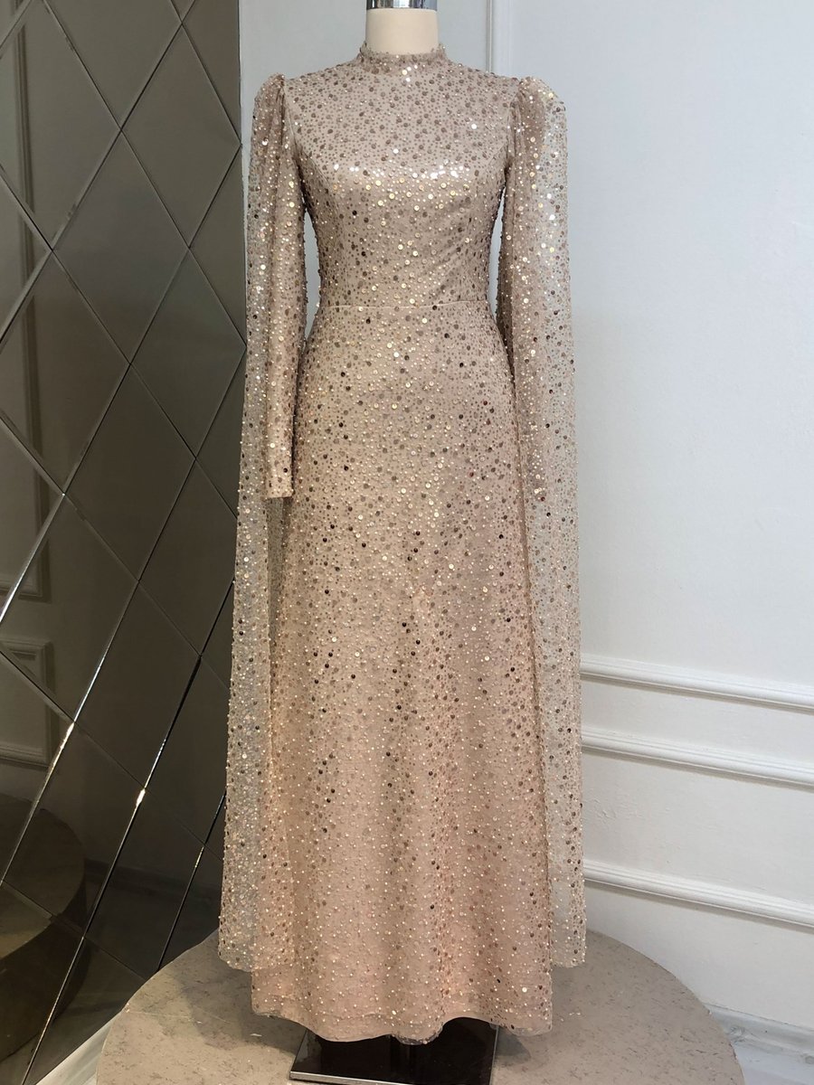 Burak Baran Fashion Gold Rengi Boncuk Abiye Elbise