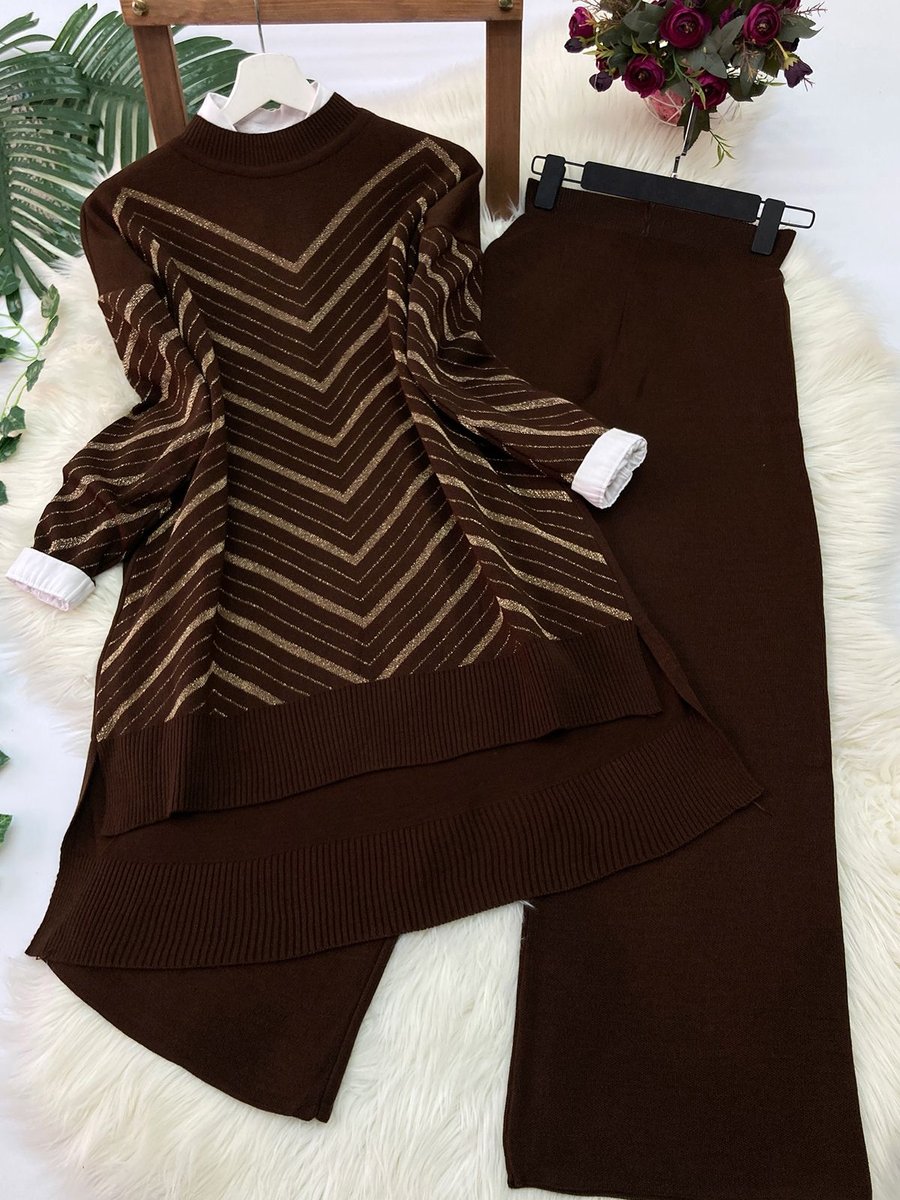 Modaqu Simli Triko Tunik Pantolon Takım Kahve