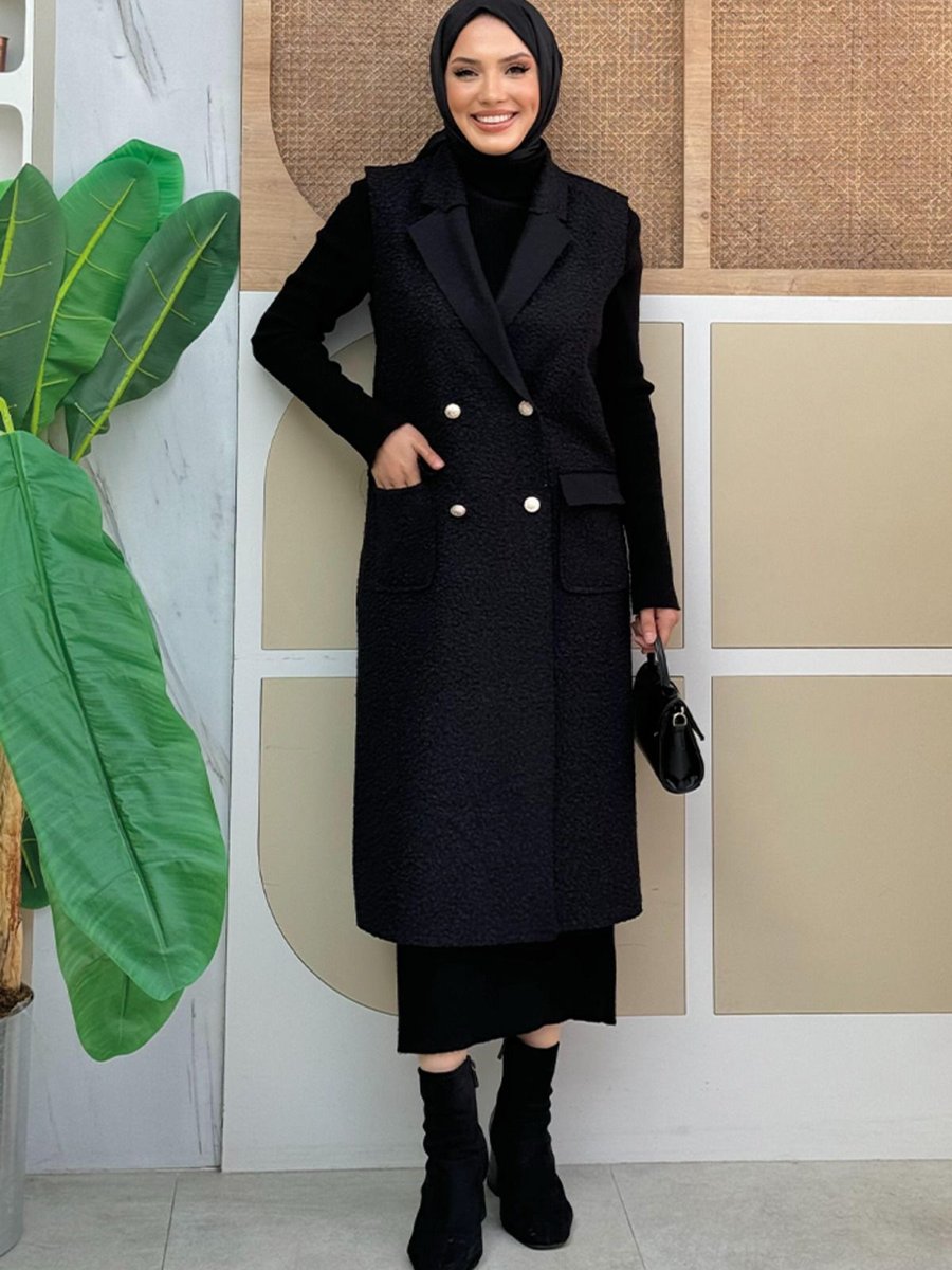 Bym Fashion Önü Düğmeli Cep Detaylı Uzun Yelek Siyah