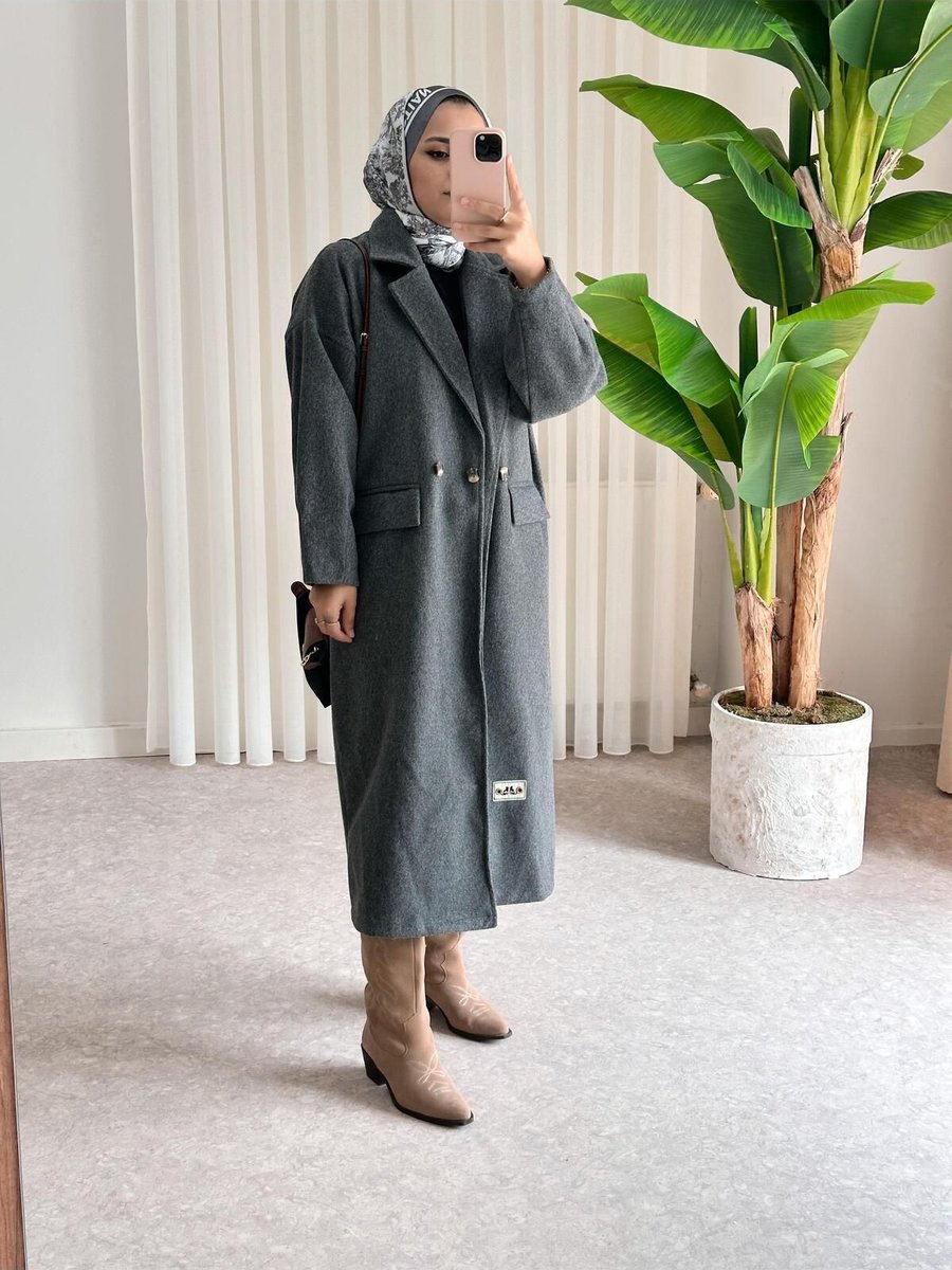 Asel Fashion Owersize Kaşe Düğmeli Kaban Antrasitgri