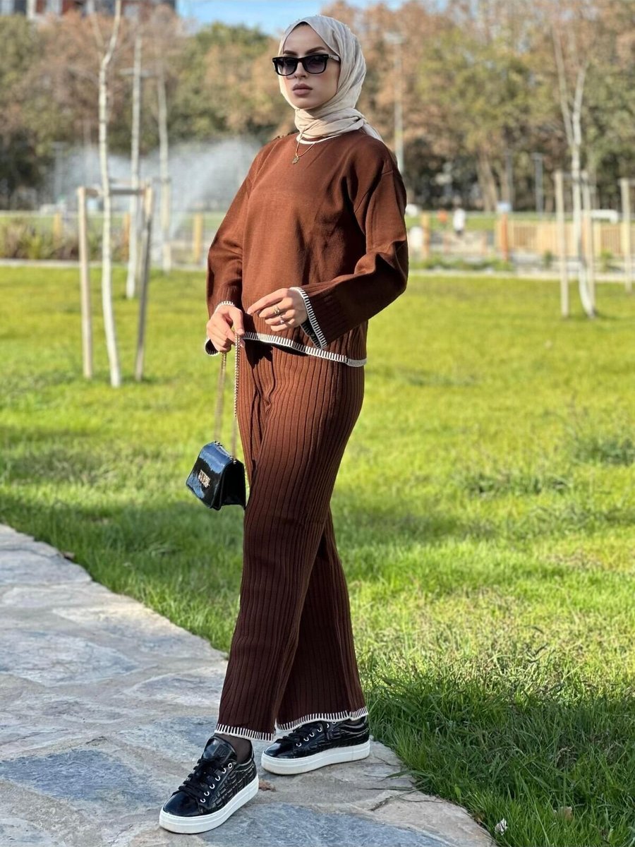 Nergis Neva Butik Kahverengi Çoban Dikişli Triko Takım