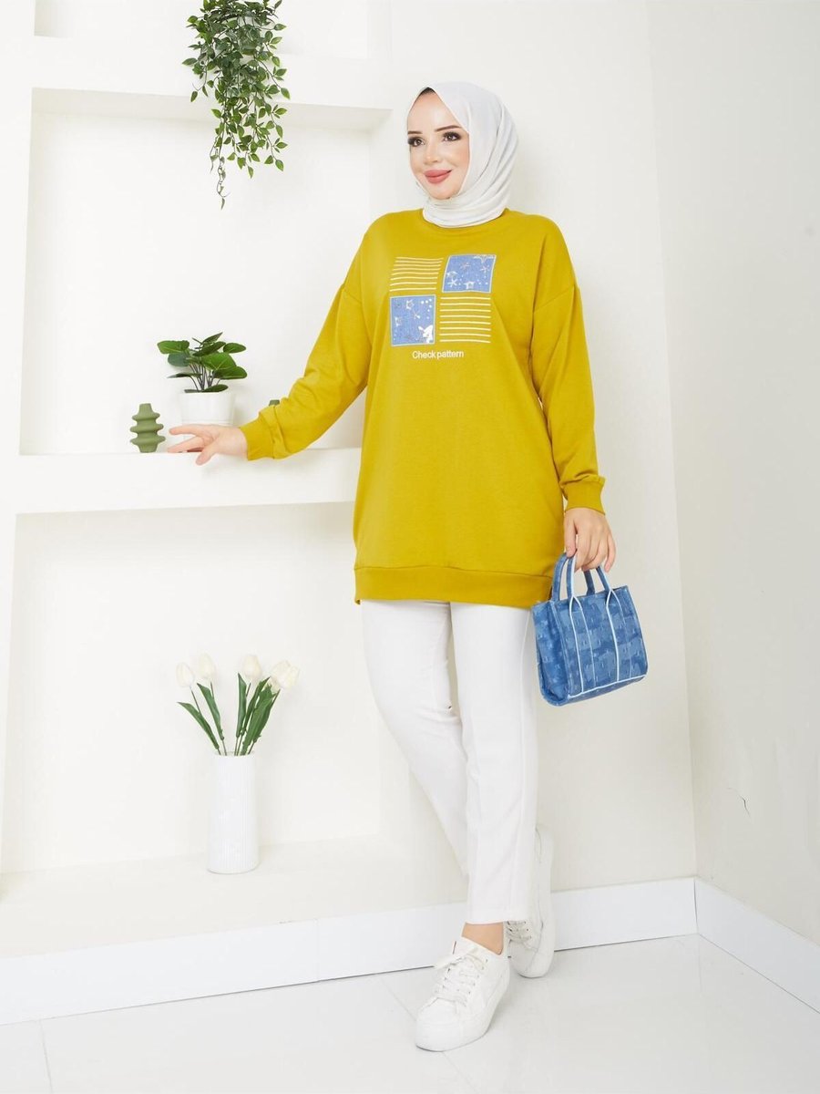 Moda Bisiklet Yaka Uzun Sweatshirt Yıldız