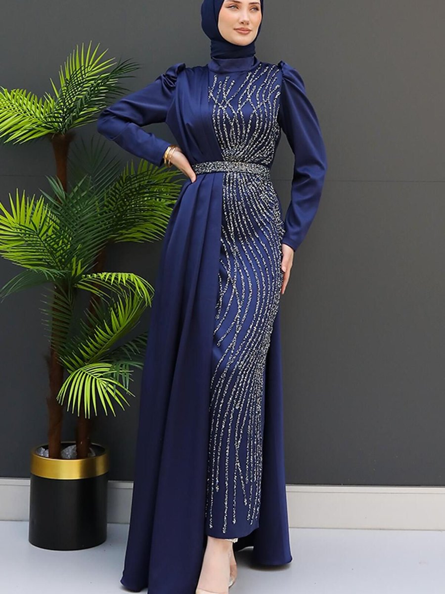 Giz Astore Yonca Pelerin Abiye Elbise Lacivert