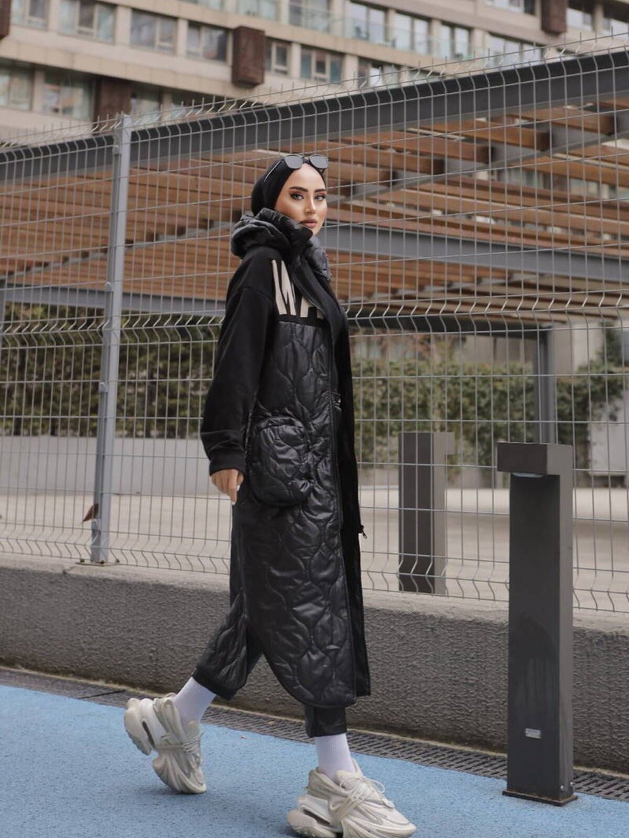 Burcu Tesettür Spor Şişme Uzun Mont Siyah