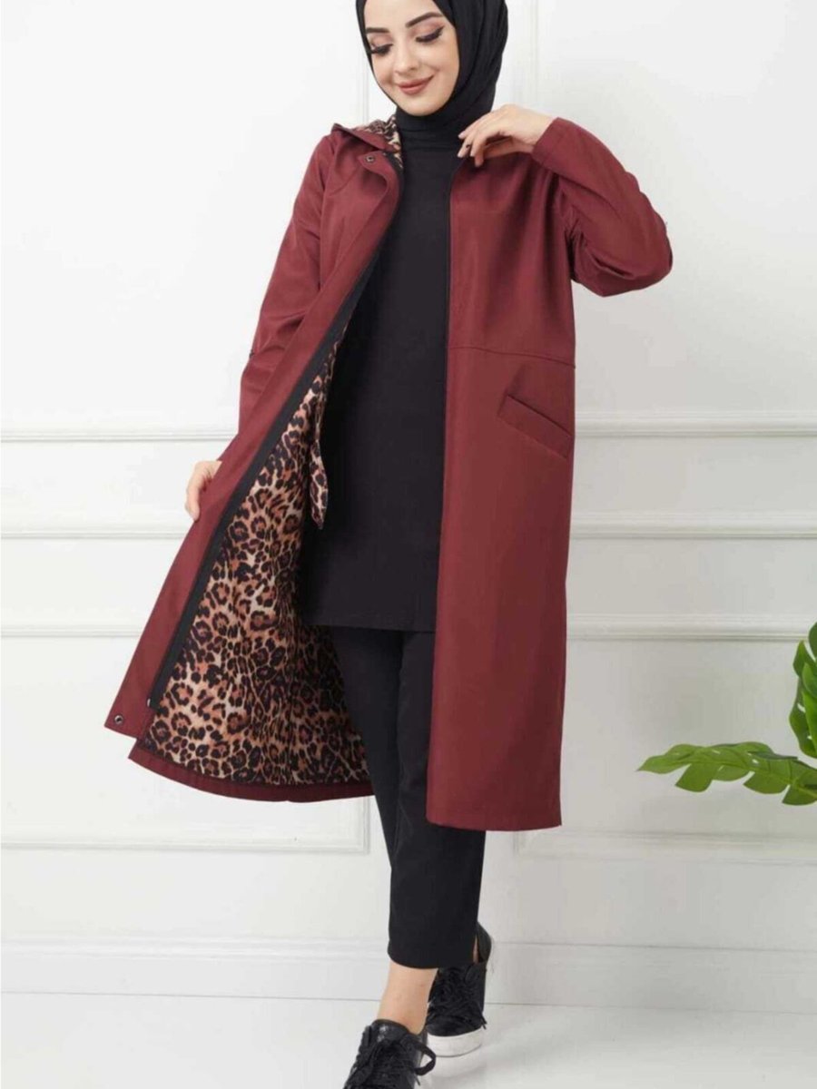 Sultan Yaprak Leopar Desenli Trenckot Bordo