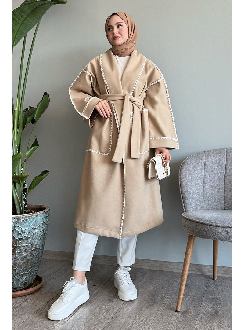 InStyle Çoban Dikiş Kuşaklı Taş Kaşe Kaban