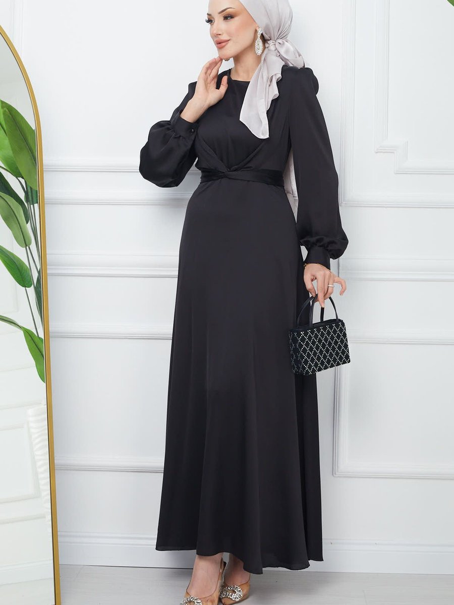 İmajbutik Siyah Bağlama Detaylı Saten Abiye Elbise