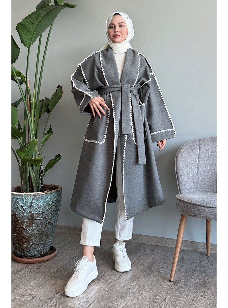 InStyle Çoban Dikiş Kuşaklı Gri Kaşe Kaban