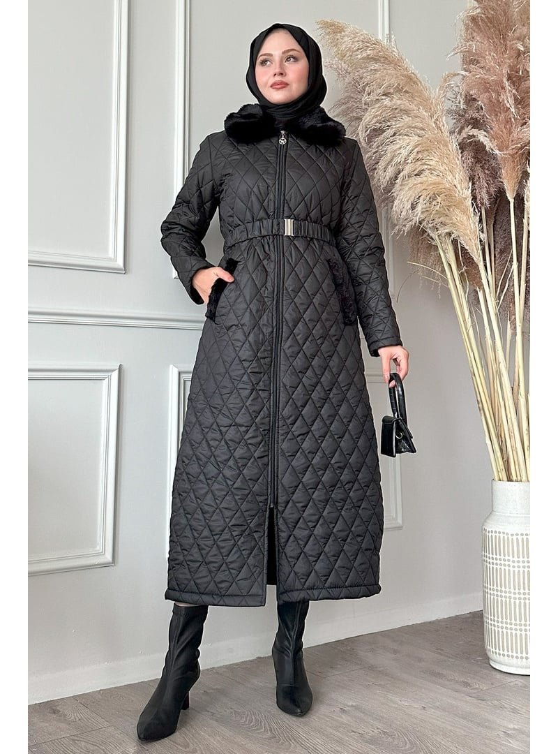 InStyle Peluş Yaka Uzun Kapitone Siyah Mont