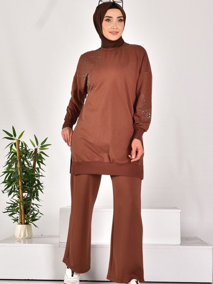 Puane Kahverengi İki İplik Kumaş Taş Desenli Sweatshirt