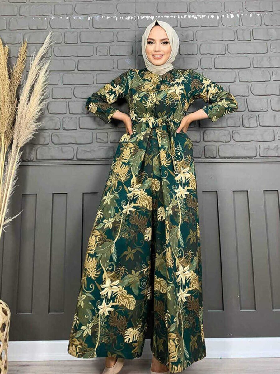 Bym Fashion Güğüs Kısmı Gizli Düğmeli Bel Kuşaklı Baskı Desenli Tulum Zümrüt