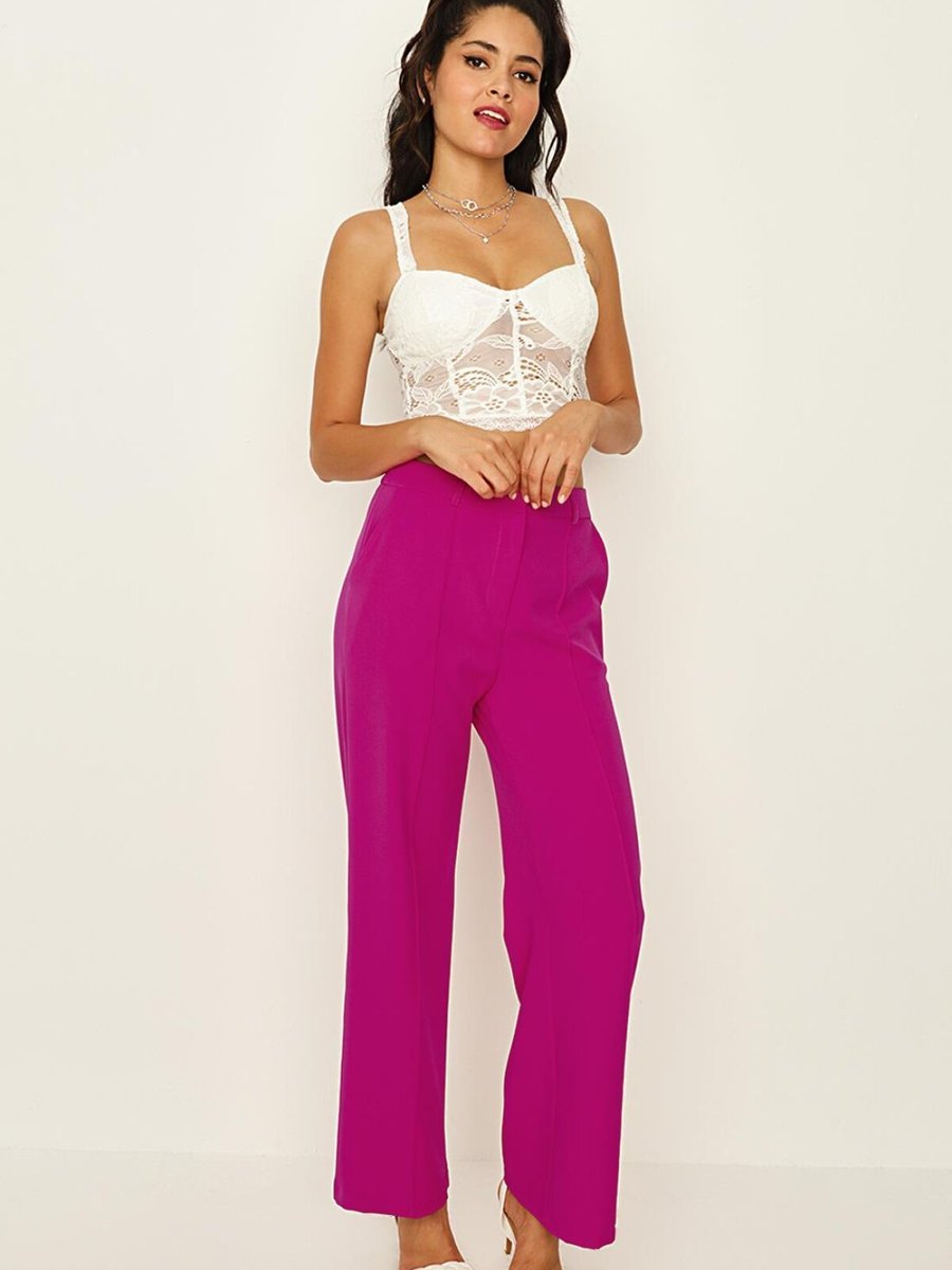 Select Moda Pembe Nervür Dikişli Geniş Paça Pantolon