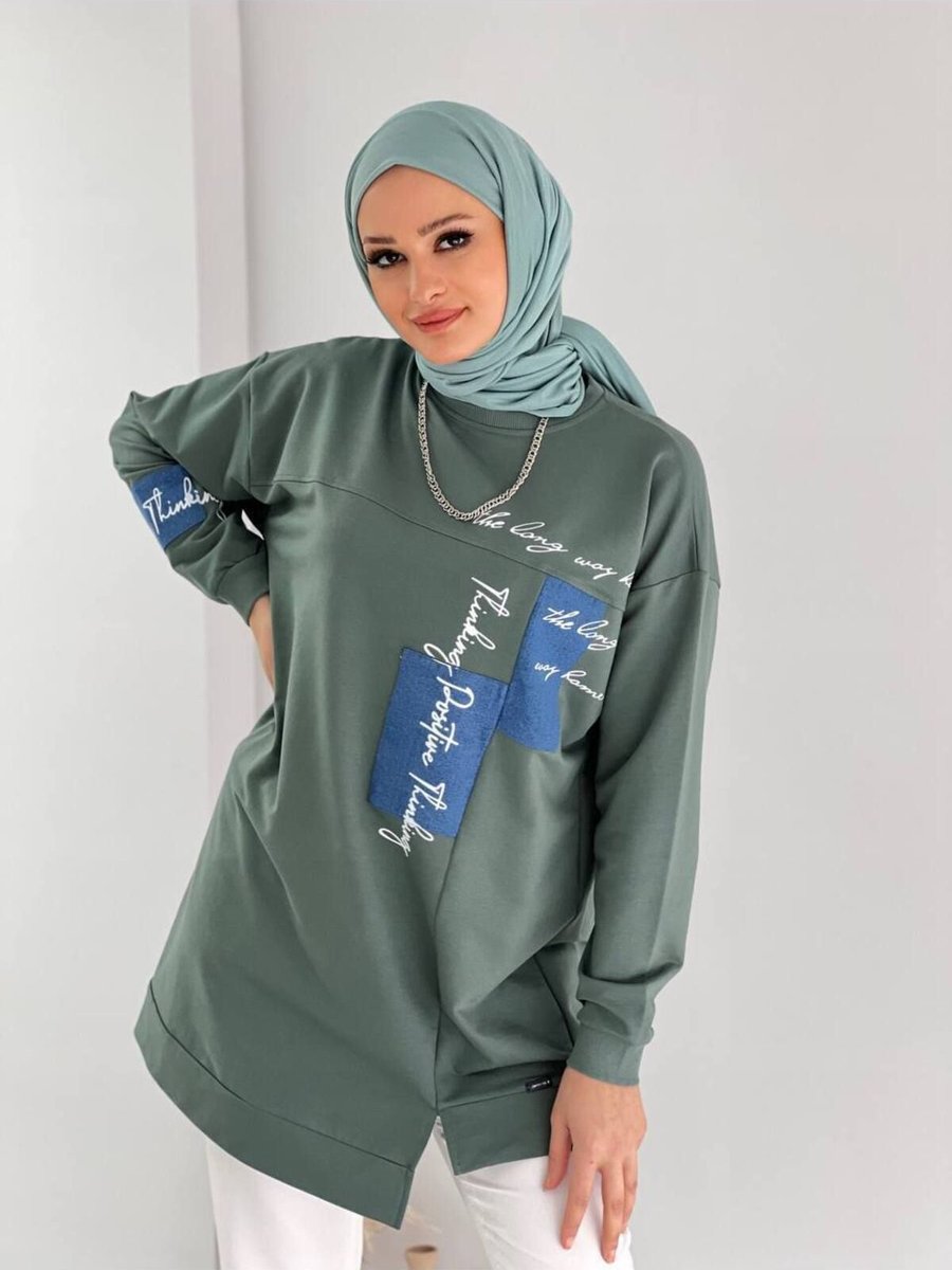 Yk Shopping Mersin Yeşili Mavi Detaylı Tesettür Sweetshirt