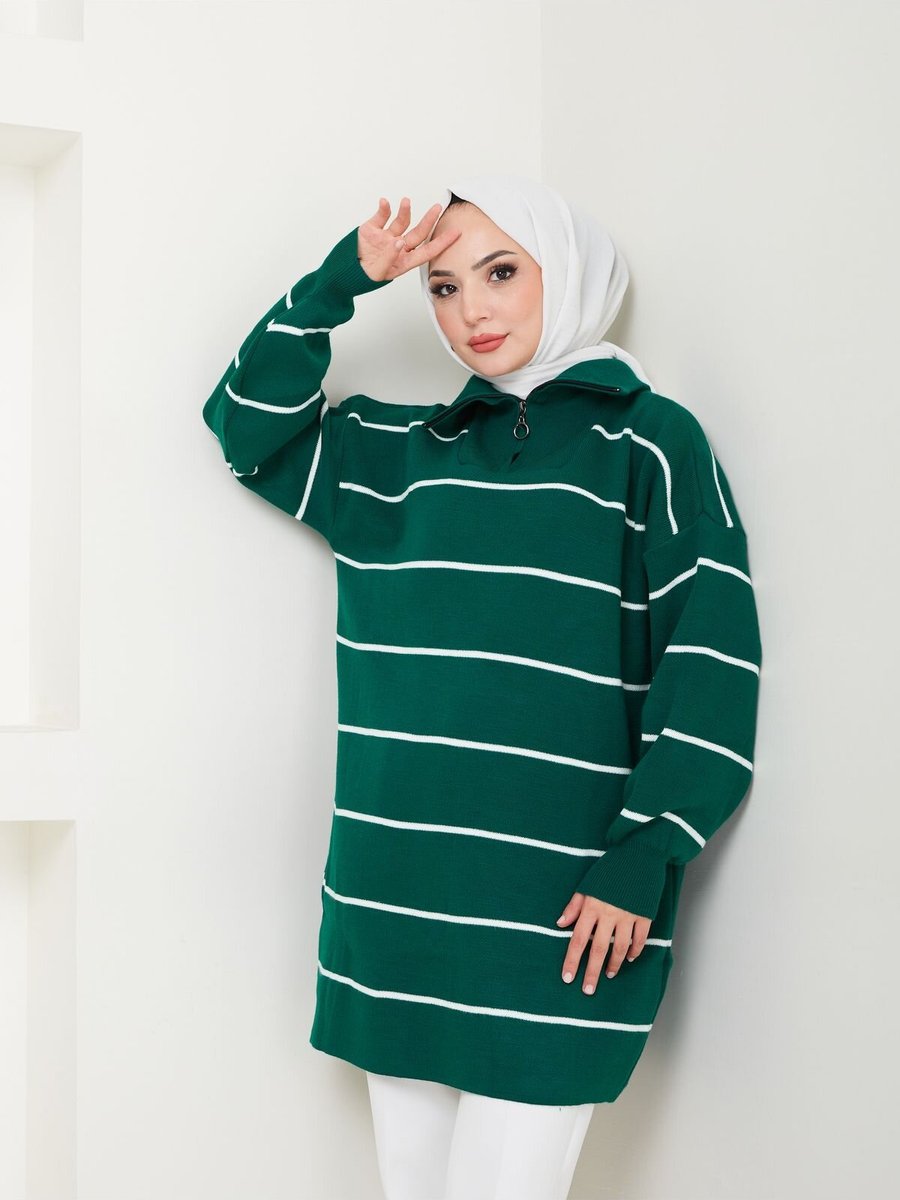 VOLT CLOTHİNG Zümrüt Çizgili Fermuarlı Triko Tunik