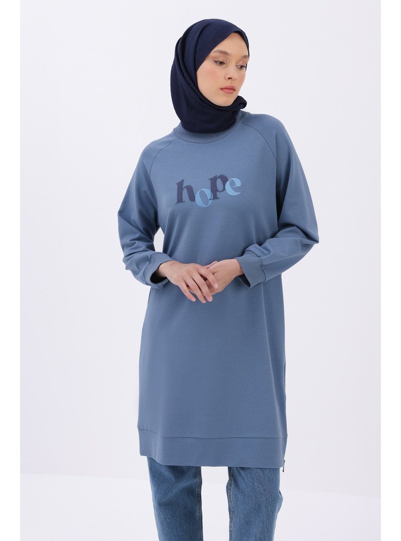 Allday Mavi Nakışlı Fermuar Detaylı Reglan Kol Sweat Tunik