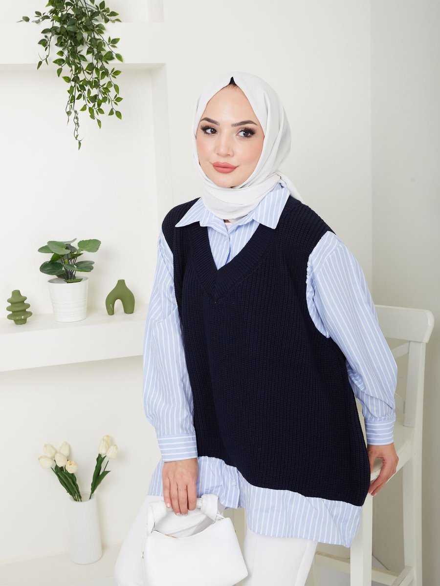 VOLT CLOTHİNG Lacivert Gömlekli Triko Tunik