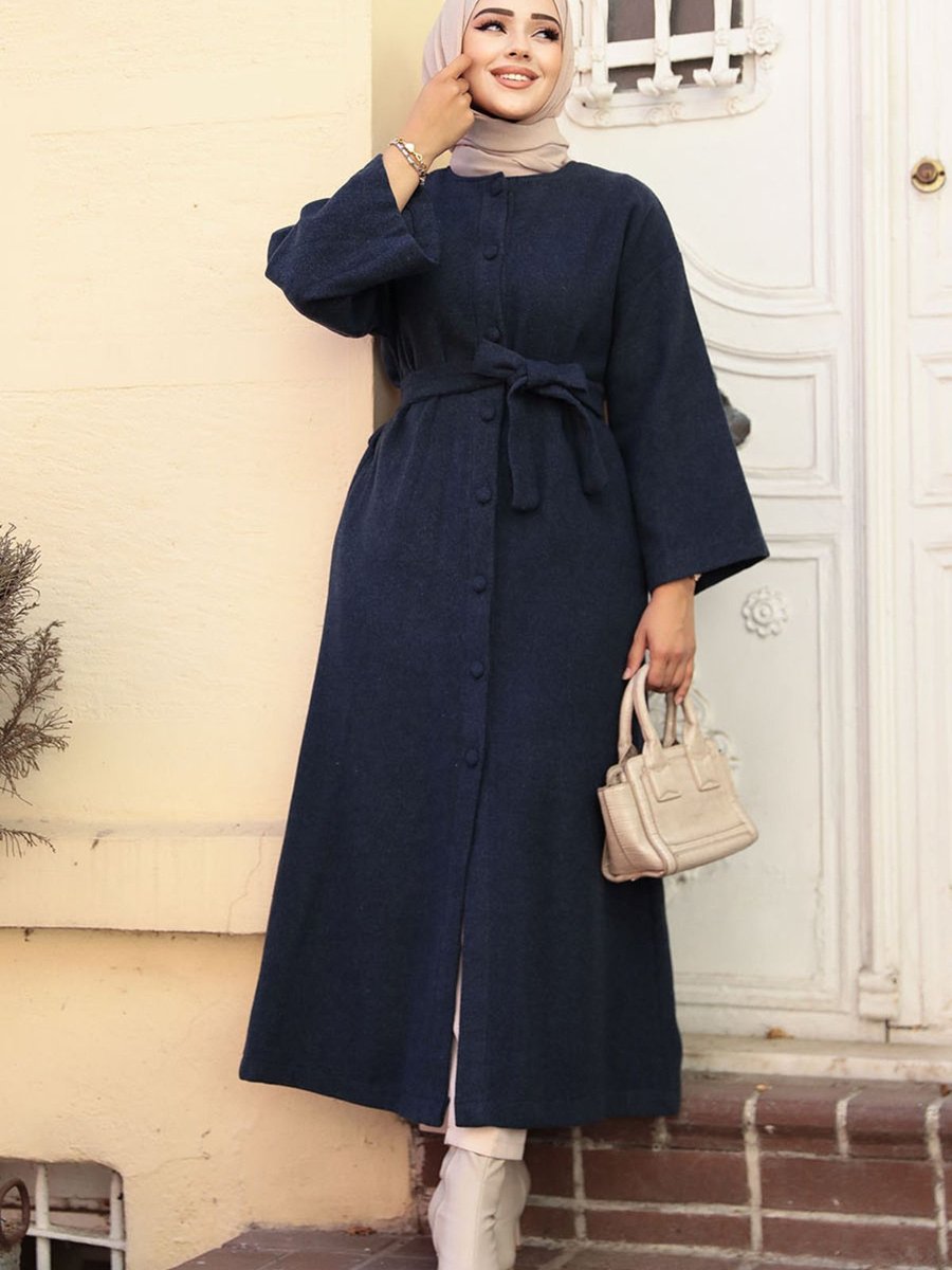 Neva Style Kemerli Lacivert Kaşe Kaban