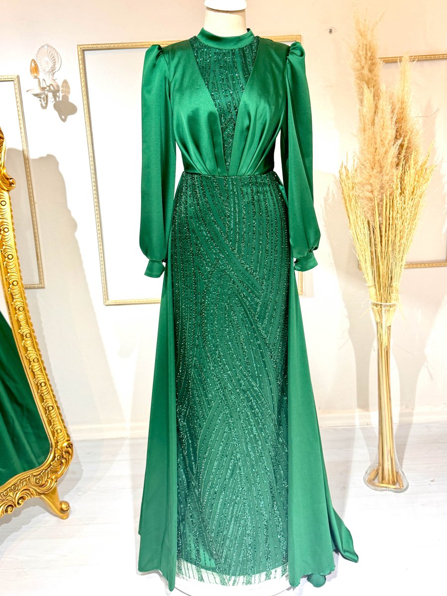Burak Baran Fashion Yeşil Karya Abiye Elbise