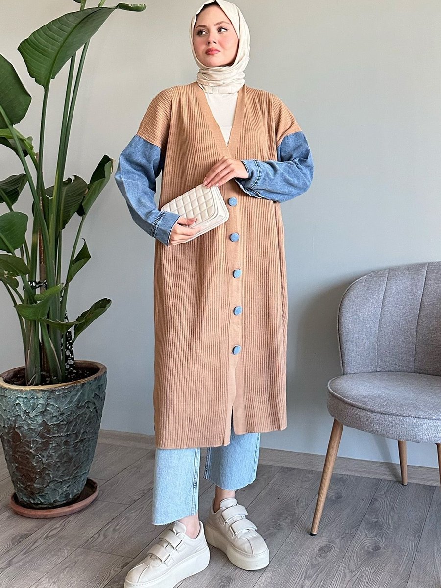 Instyle Kolları Kot Detaylı Camel Triko Hırka