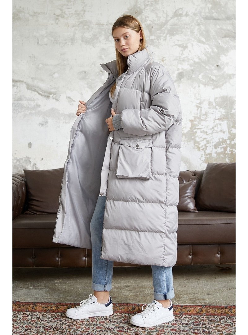 InStyle Gri Alden Torba Cepli Uzun Şişme Mont