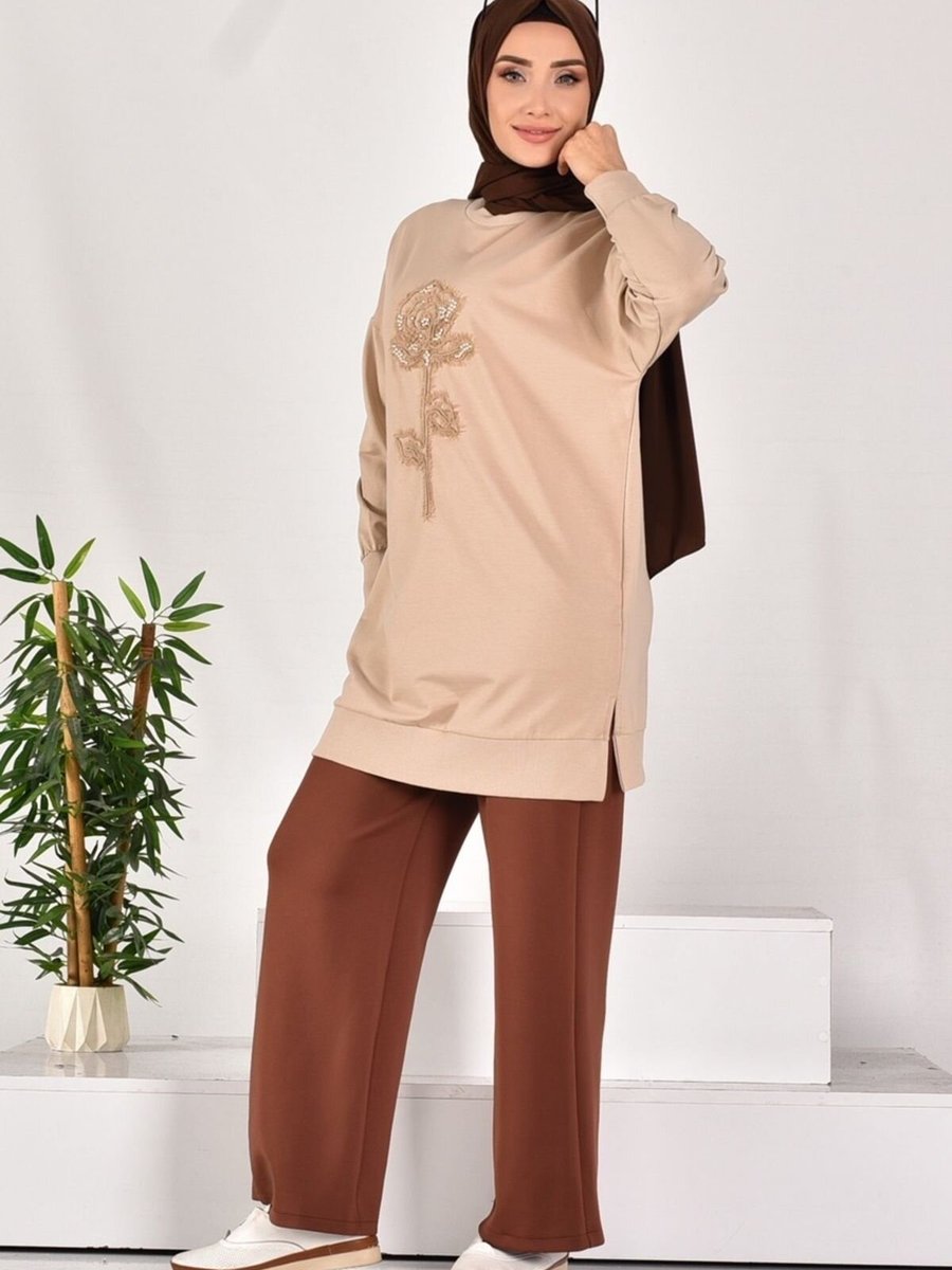 Puane Gri İki İplik Kumaş İncili Ve Nakışlı Sweatshirt