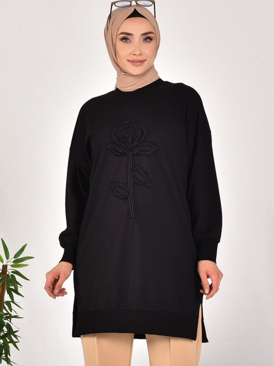 Puane Siyah İki İplik Kumaş İncili Ve Nakışlı Sweatshirt