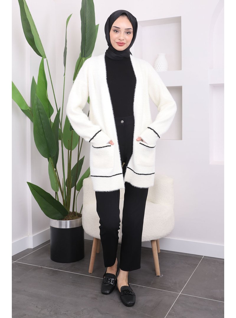 İmaj Butik Ekru Gofralı Sim Şeritli Yumoş Triko Hırka
