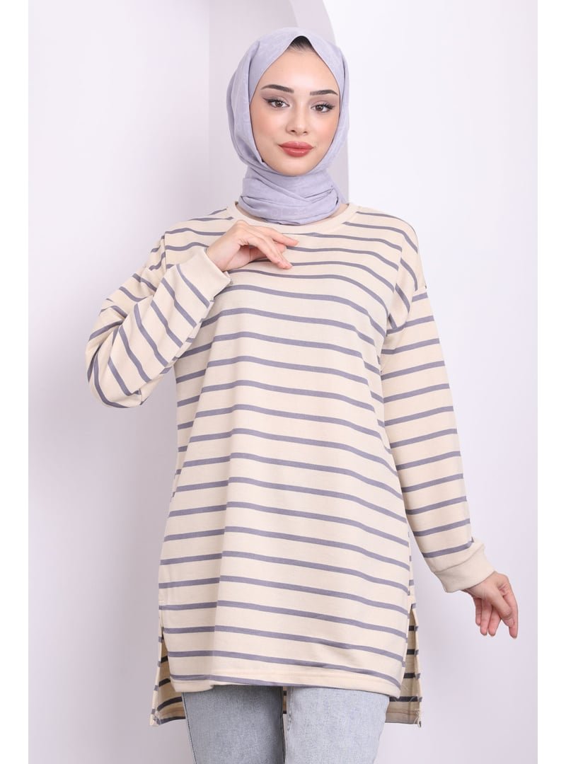 İmaj Butik Lila Yanları Yırtmaçlı Çizgili Tunik