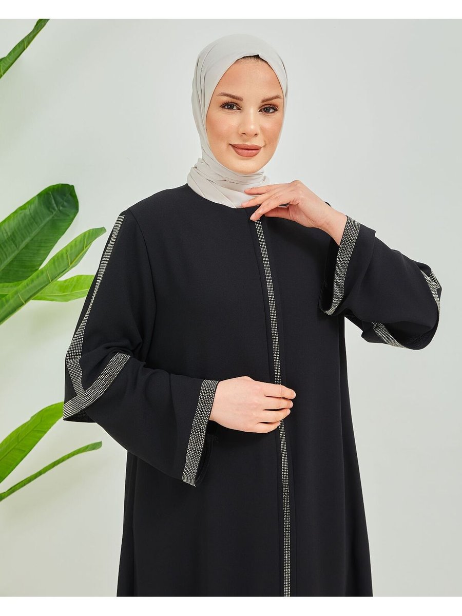 Ala Ferace Çift Kol Taşlı Model Krep Ferace