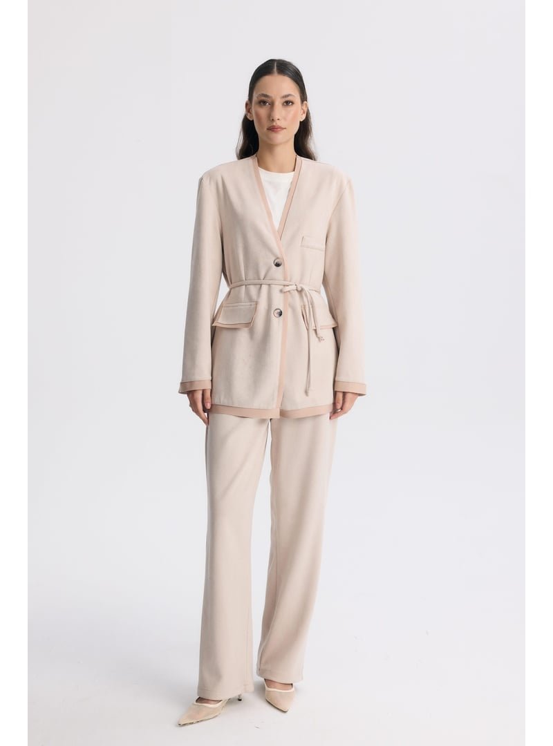 AHEL Pudra Şerit Detaylı Blazer Ceket Takım