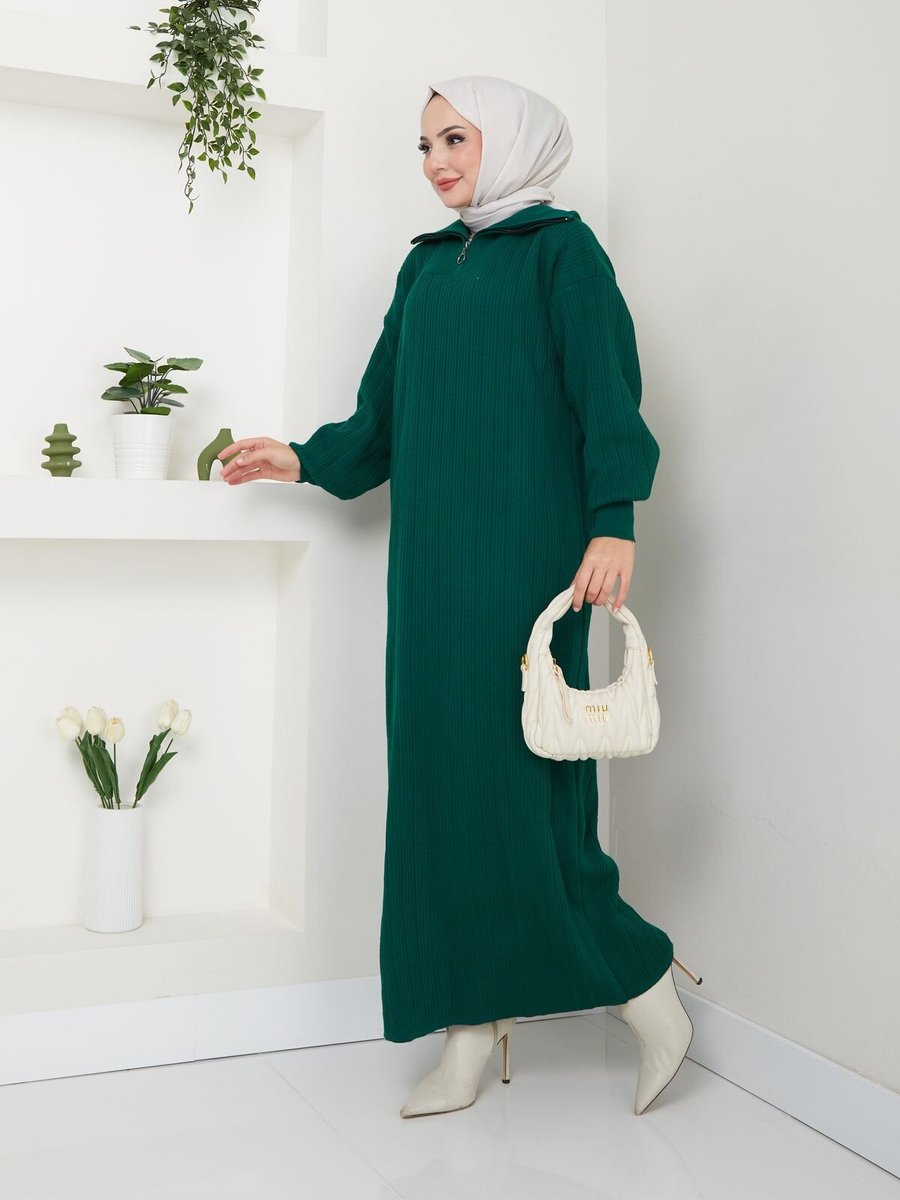 VOLT CLOTHİNG Zümrüt Fermuarlı Triko Elbise